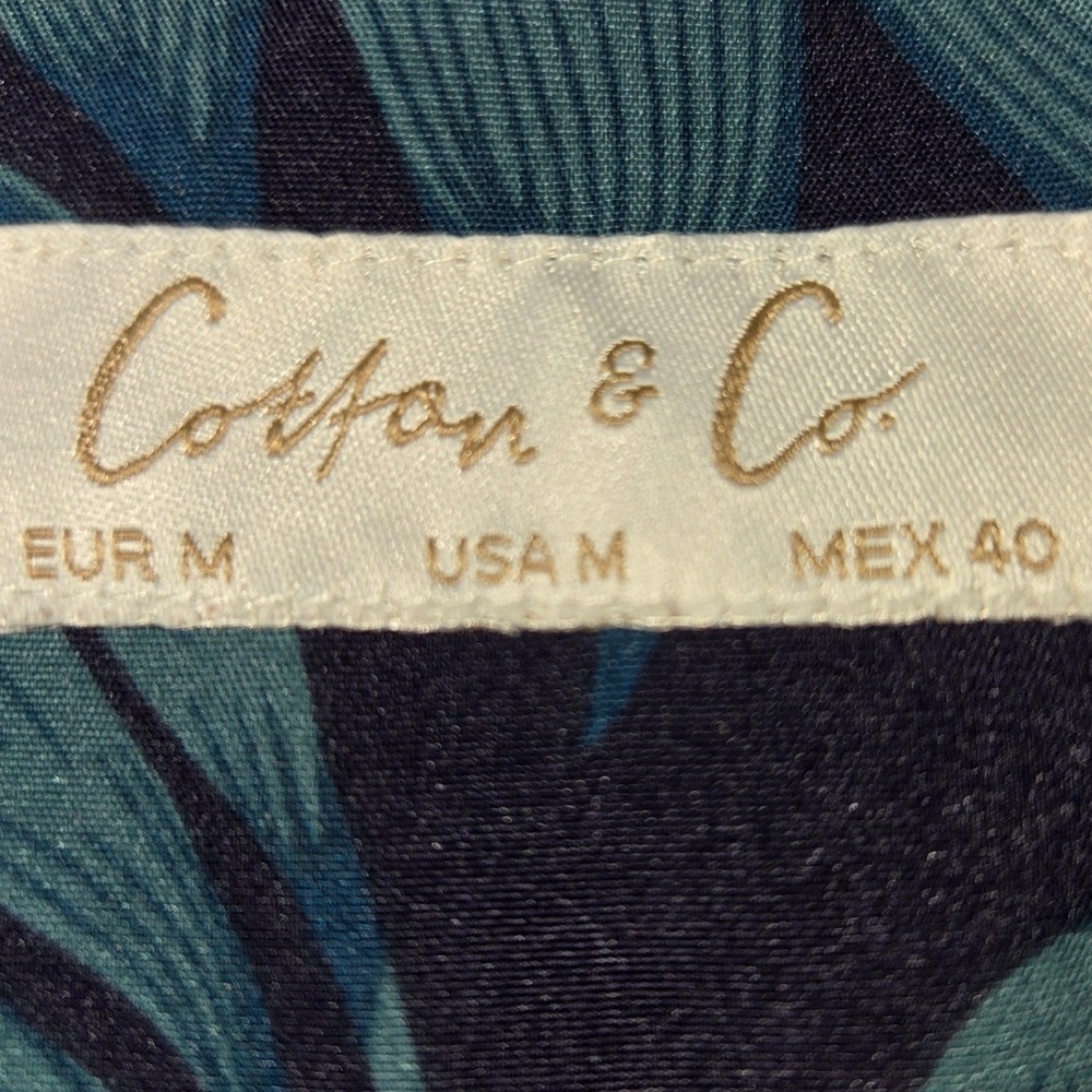 Cotton & Co Mens M Tropical Palm Leaf Button Down Shirt Navy Teal Short Sleeve